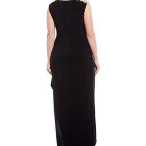 SLNY Black Gold Sleeveless Illusion Gown Front Slit Formal Dress